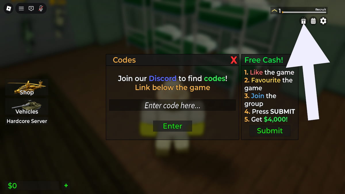 Roblox Strike Warfare code system. Arrow pointing to the Giftbox button.