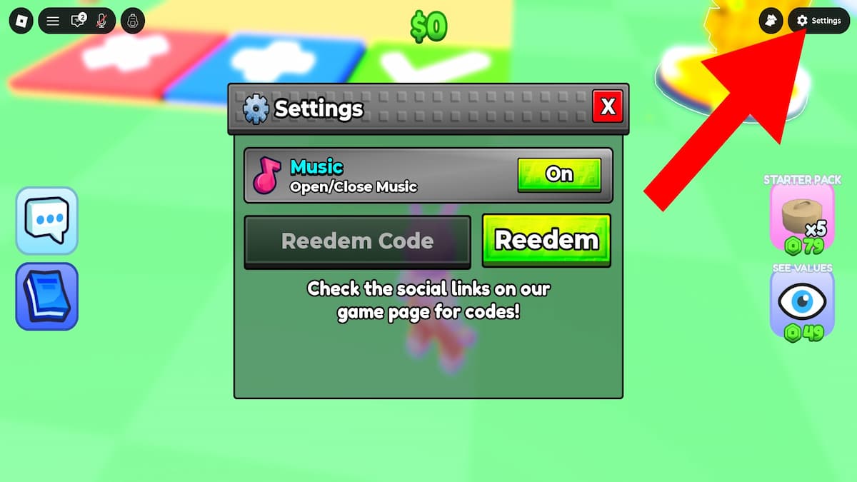 Arrow pointing to the settings and code system in Trade Squishy Dumplings