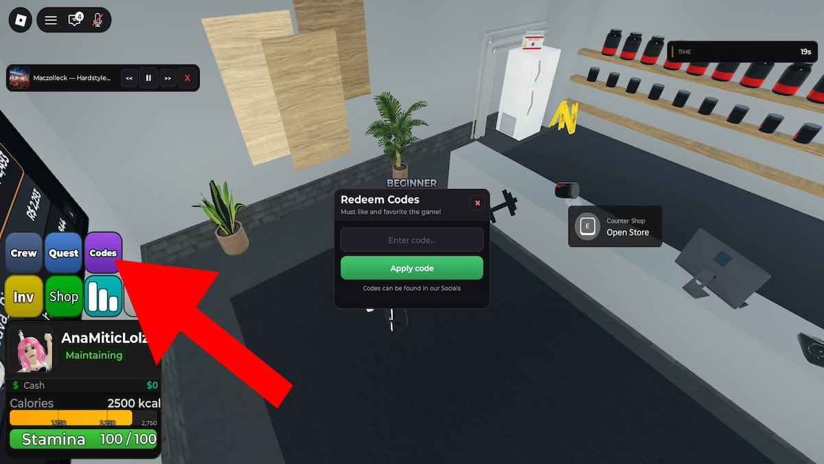 Roblox Ultimate Gym Game code system. Arrow pointing to the codes button.