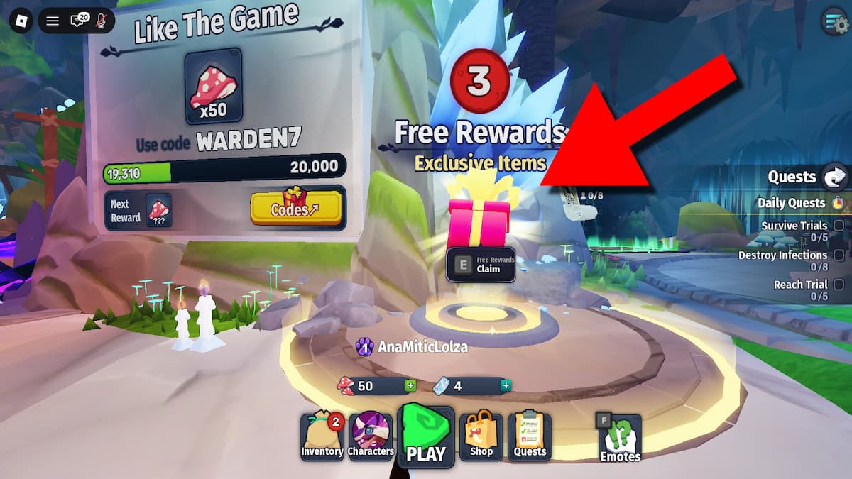 Arrow pointing to the Free rewards stand.