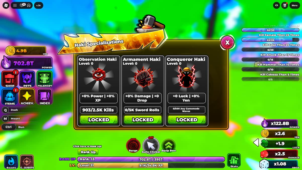 image showing the Haki Specializations menu in Anime Astral