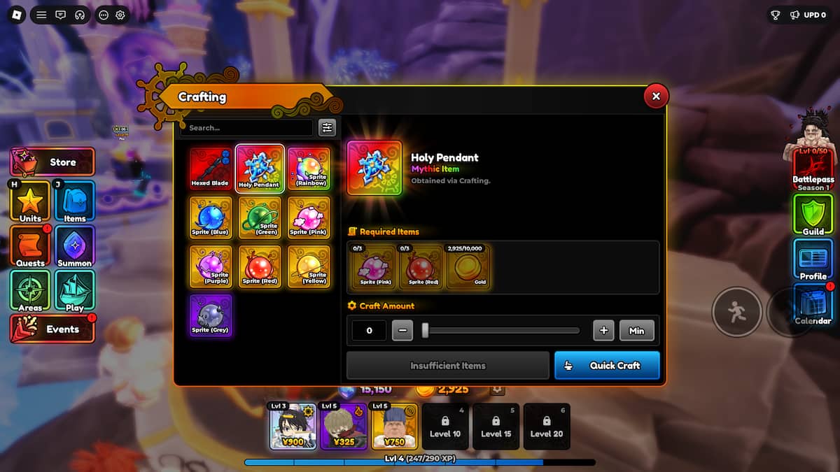 image showing the crafting menu in Anime Expeditions