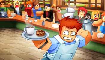 Own a Cafe featured image depicting a Roblox avatar serving coffee and cookies