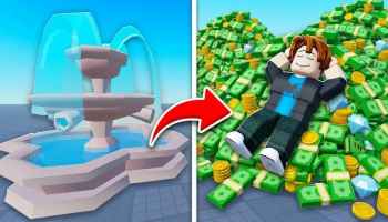 Throw a Coin featured image depicting the Roblox player avatar liying in a pile of money, with the wishing fountain set beside him