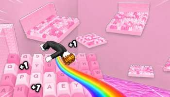 +1 Backflip Keyboard Escape featured image depicting the player avatar jumping over a stack of pink keyboards, leaving behind a rainbow trail.