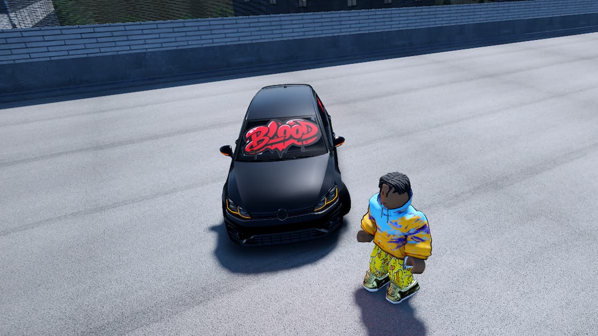 A player standing next to a car in Roblox