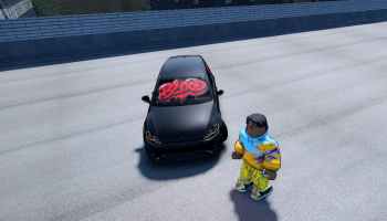 A player standing next to a car in Roblox