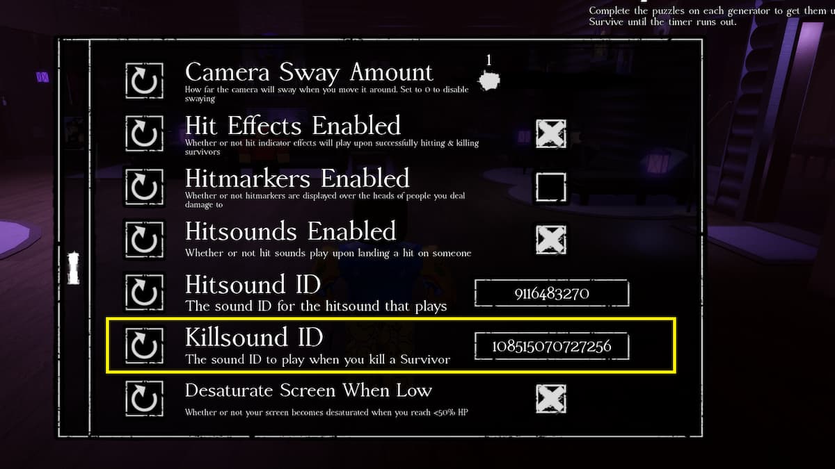 The Forsaken Kill Sound Menu in Roblox
