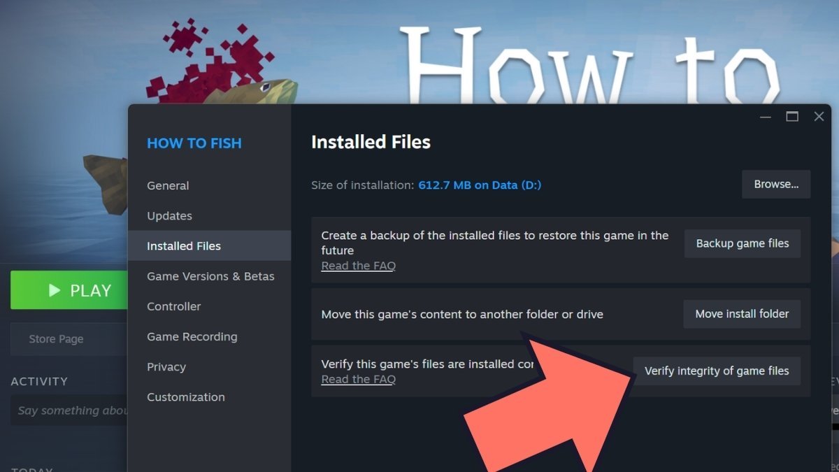 Verifying game files to fix connection error in How to Fish