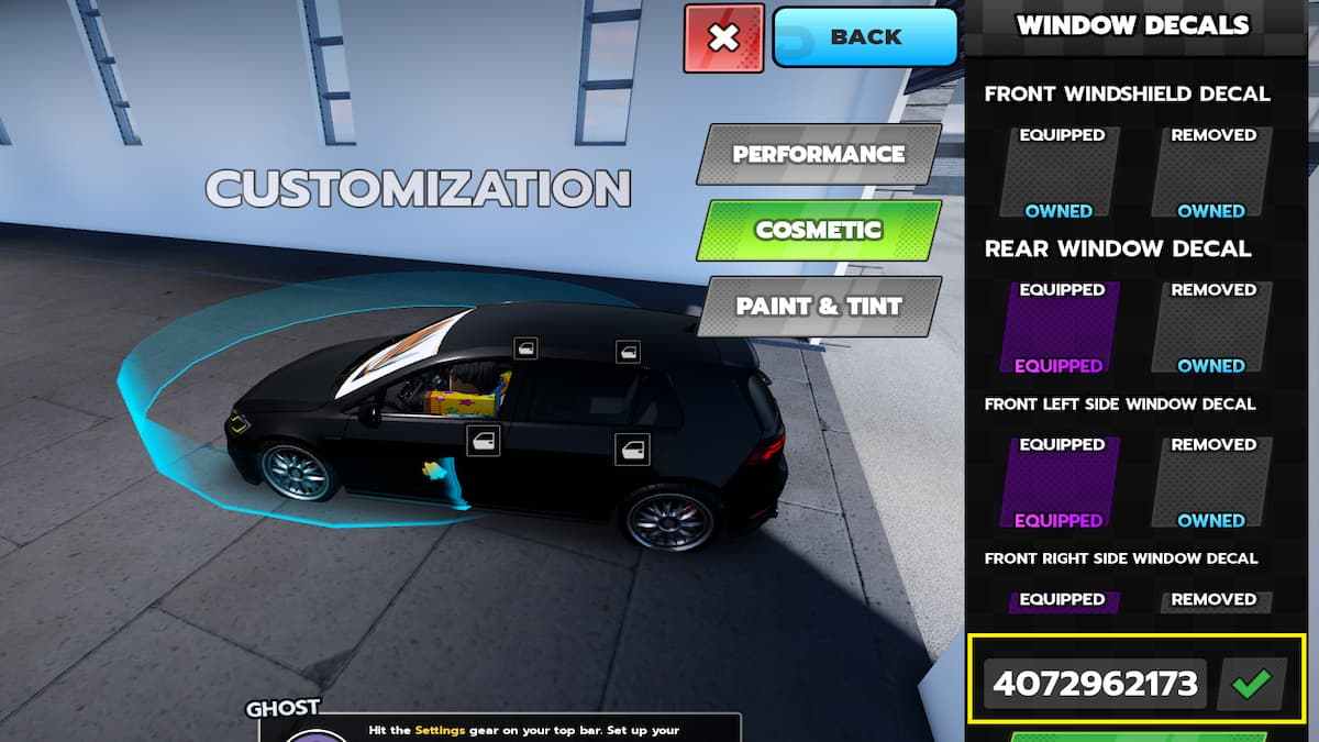 The Driver Customization Menu in Roblox