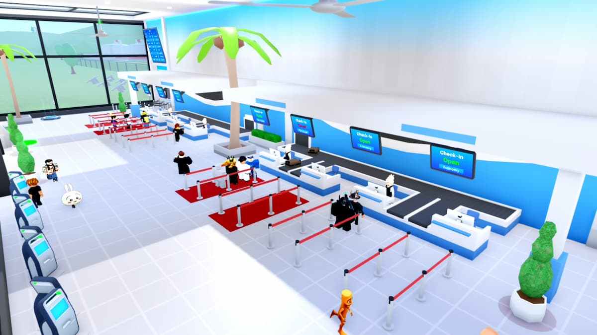 Airport Tycoon 2 in-game screenshot showing an airport terminal with Roblox characters roaming the corridors