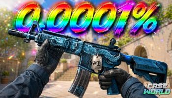 Case World featured image showing a first-person view of a blue rifle skin with a #1 charm and a colorful 0.0001% drop-rate graphic