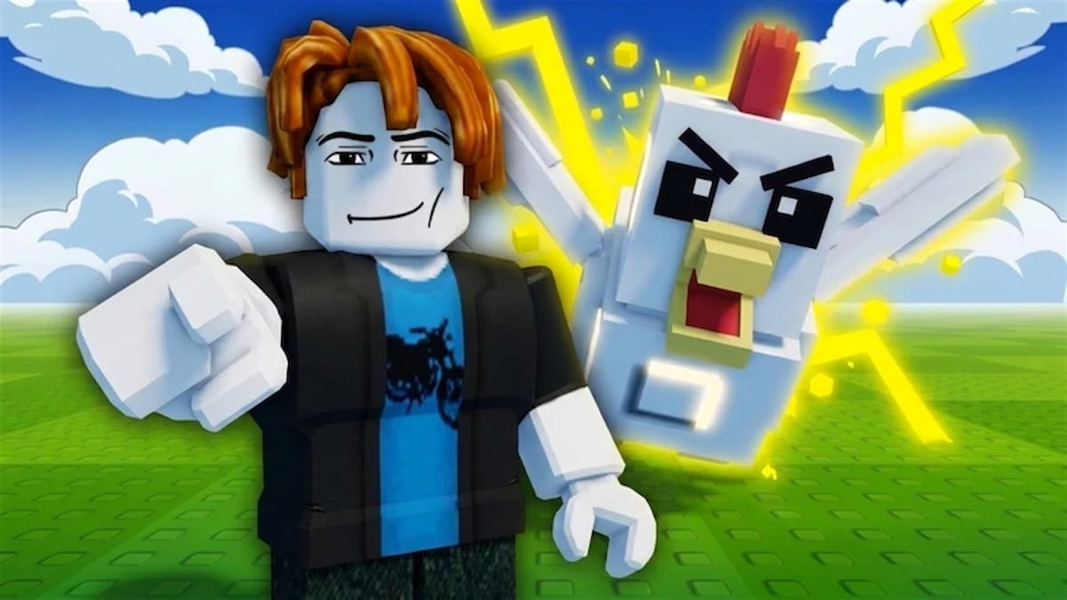 Grow a Chicken Fighter Roblox artwork showing a player character beside an angry chicken surrounded by bright yellow lightning.