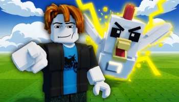 Grow a Chicken Fighter Roblox artwork showing a player character beside an angry chicken surrounded by bright yellow lightning.
