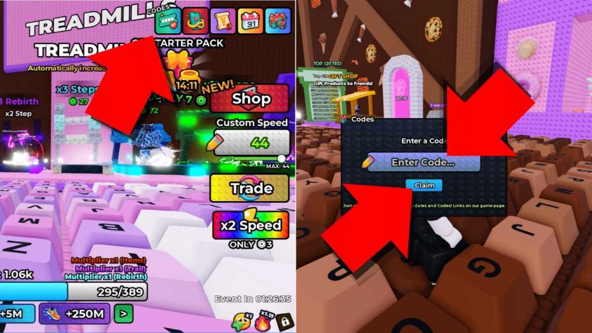 An arrow pointing to the codes button and +1 Backflip Keyboard Escape codes redemption window