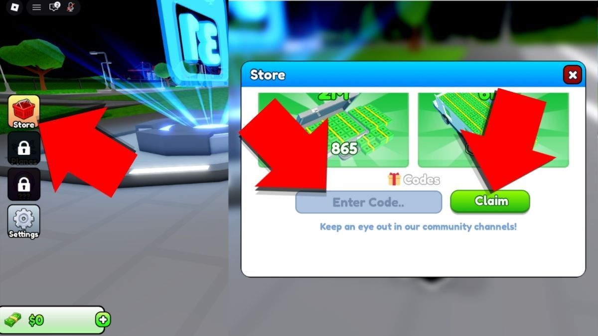 Airport Tycoon 2 codes redemption screen showing the Store button, code entry field, and Claim button highlighted with red arrows.