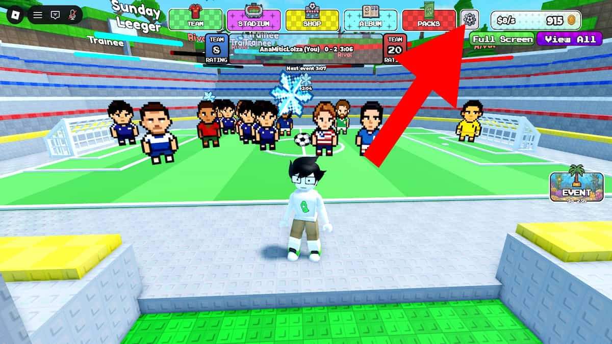 Arrow pointing to the Build A Soccer Stadium settings button
