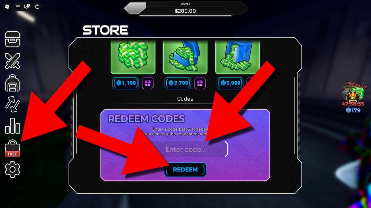 Case World codes redemption menu showing the store icon, code entry field, and Redeem button highlighted with red arrows.