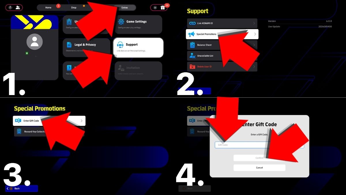 A four-image instruction image on redeeming eFootball codes with directional arrows and numbered images