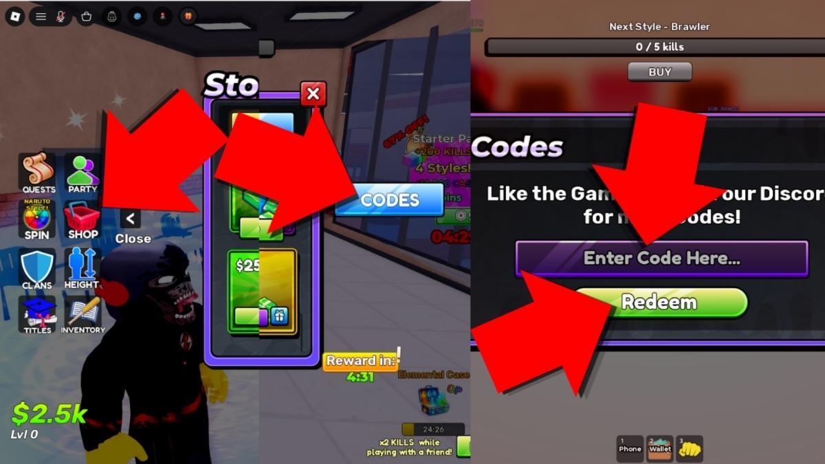 Fight in a Streamer University codes redemption screen showing the Codes button, code entry box, and Redeem button highlighted with red arrows.