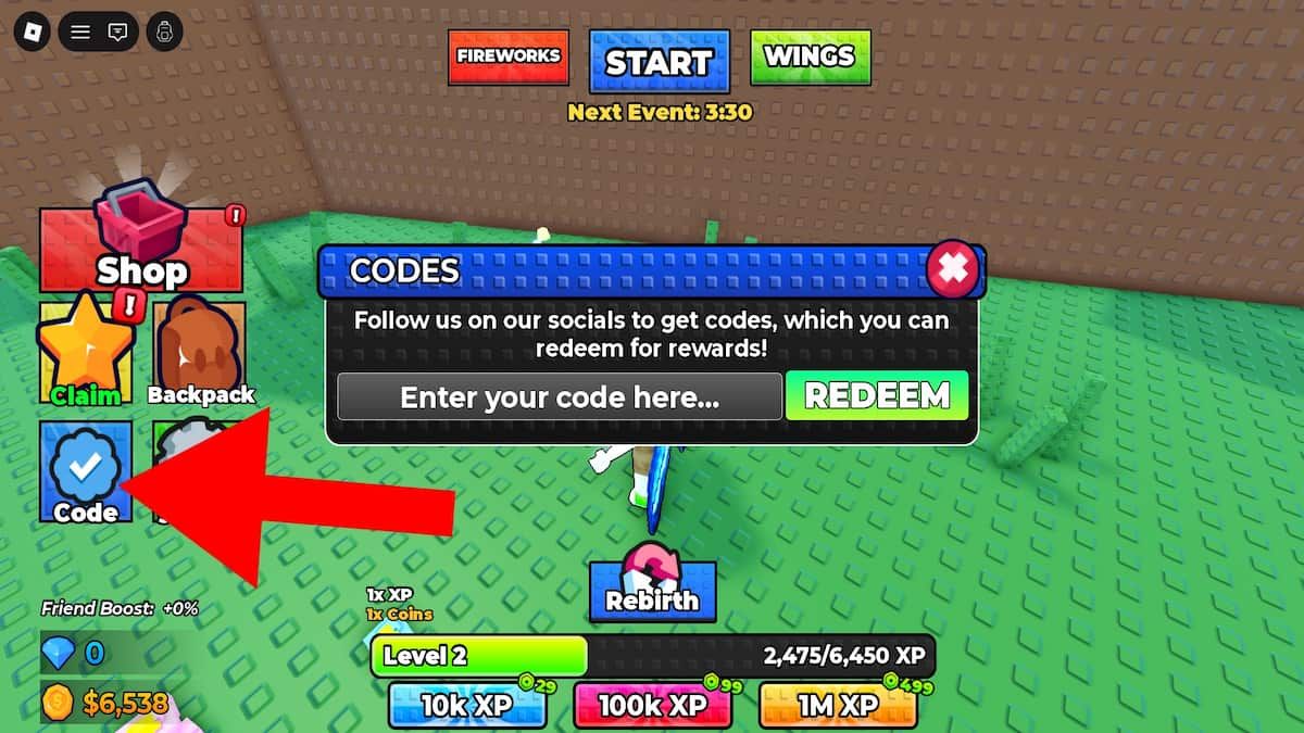Arrow pointing to the Fly Your Wings code button.