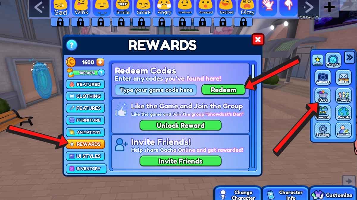 Gacha Online RP Redeem Codes section inside the Rewards window with arrows showing where to click