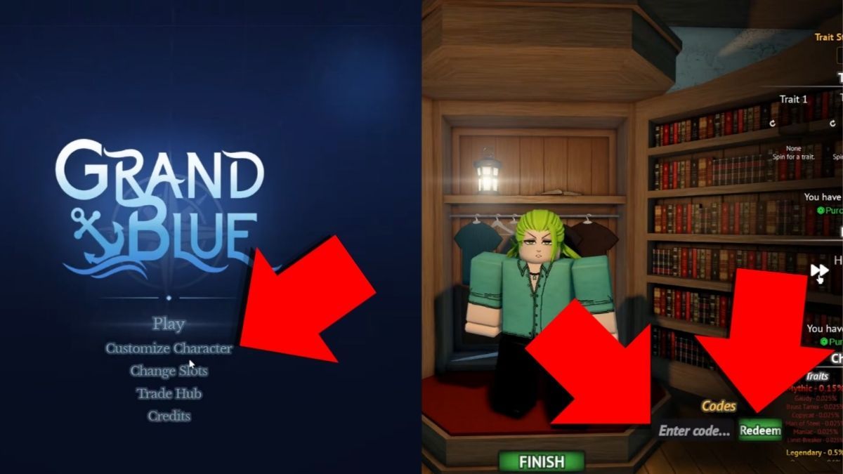 A collage of two pictures, with the one on the left showing the Grand Blue main menu showing which option to click, and the one on the right showing the code redemption text box where you can input codes