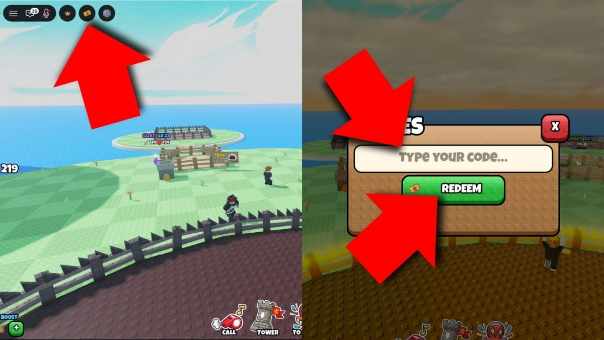 Instructions on redeeming Grow a Chicken Fighter codes in Roblox by opening the Codes menu, entering a code, and clicking Redeem