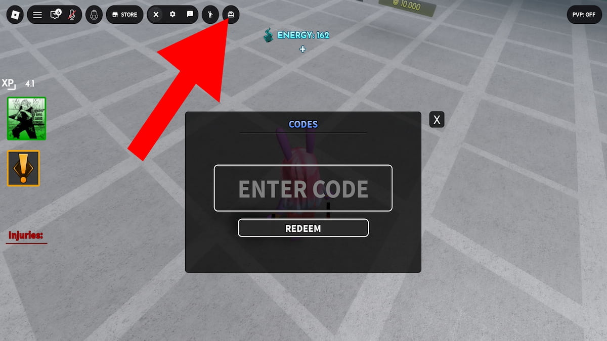 Arrow pointing to the Heal Your Injuries code button.