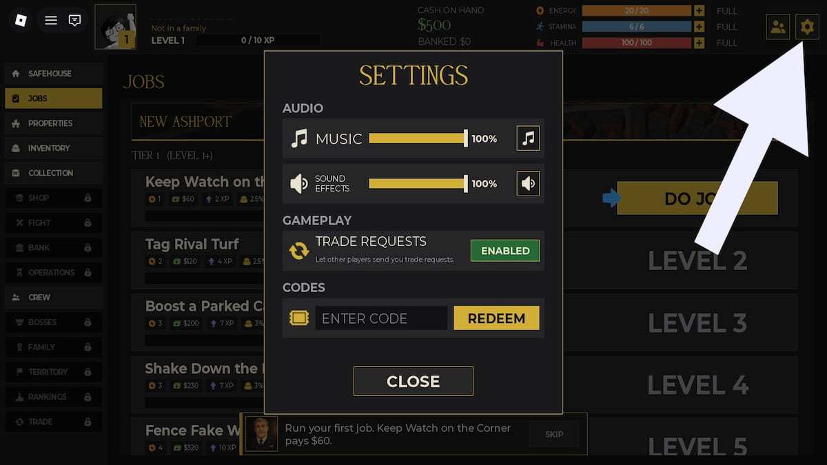 arrow pointing to the settings button in Idle Mafia Game.