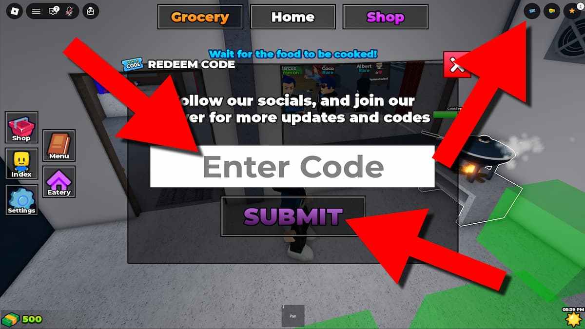Karinderya redeem codes pop-up window with arrows pointing to the ticket button, codes redemption text box, and the submit button