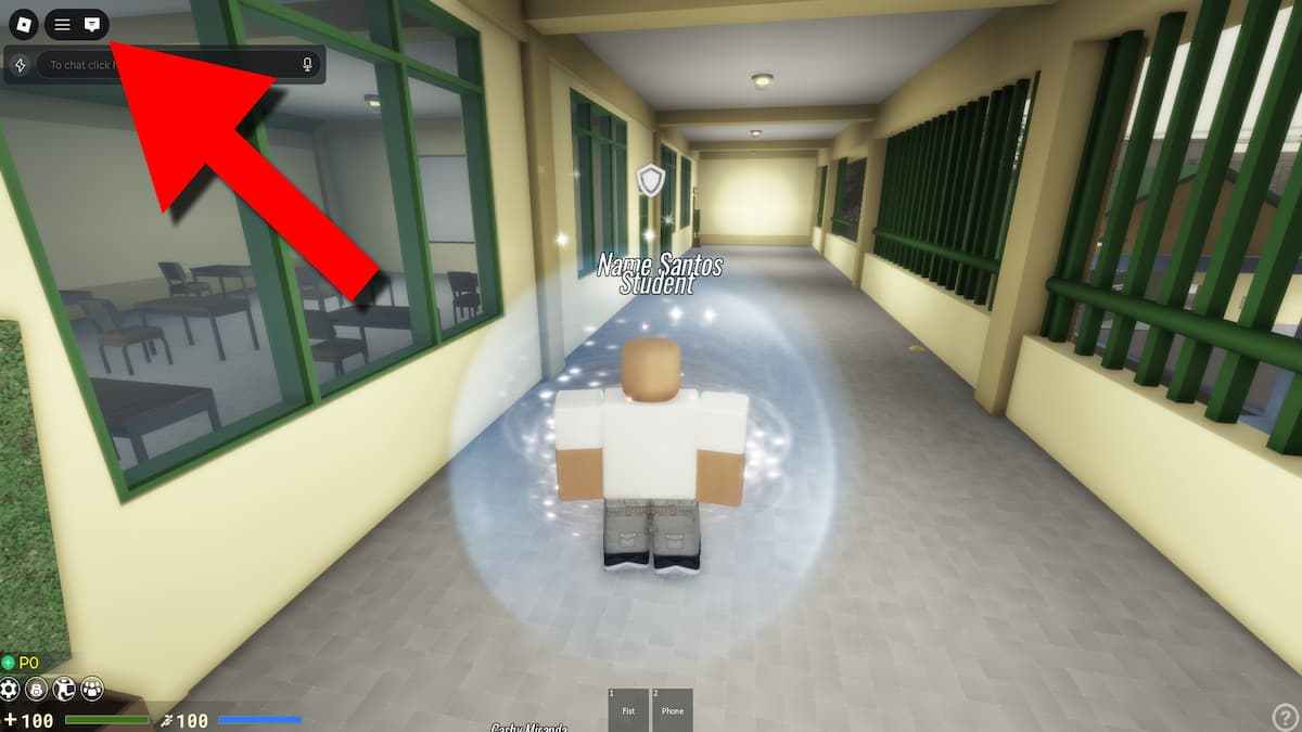 KLASE codes redemption screenshot showing a Roblox character in a school hallway, with the chat box highlighted by a red arrow.