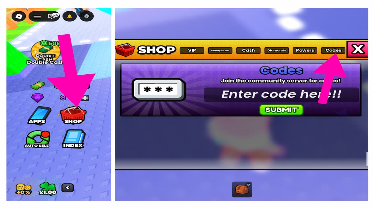 Arrows pointing to the shop and Lowball codes section