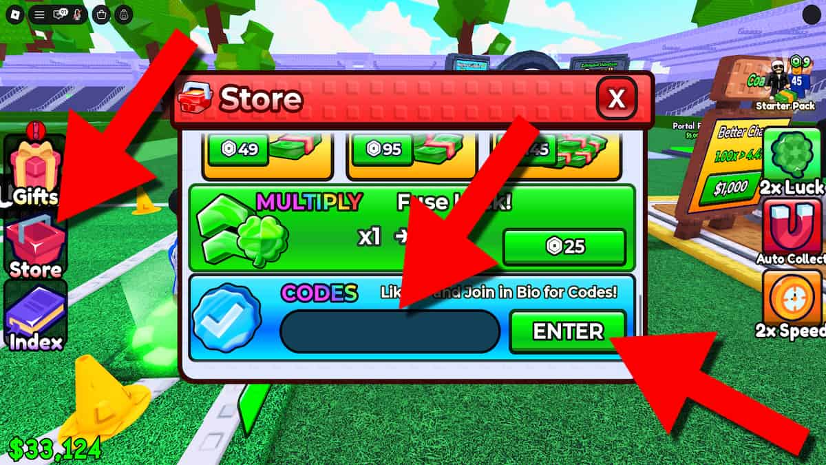 Make Soccer Players codes redemption text box inside the Store menu