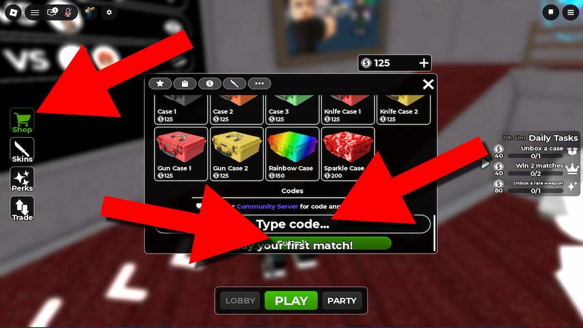 Murder Mystery DUELS codes section inside the Shop menu with arrows pointing to which buttons to click