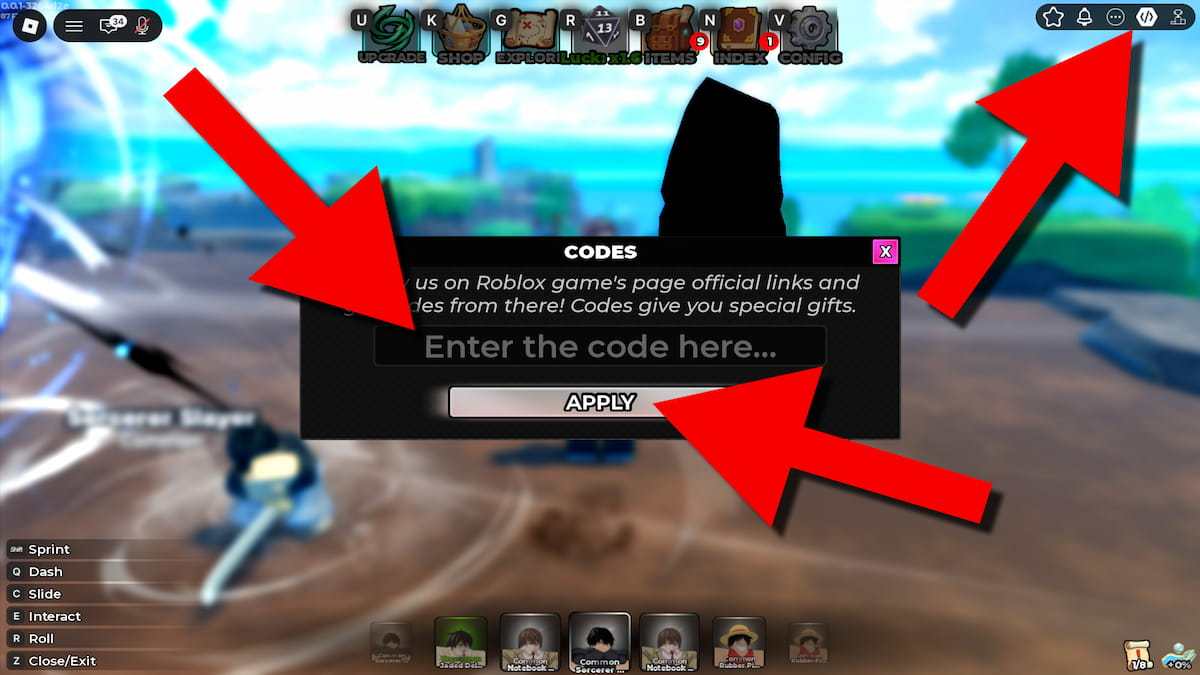 Project Aura codes redemption screen showing the Codes menu, code entry field, and Apply button highlighted with red arrows.