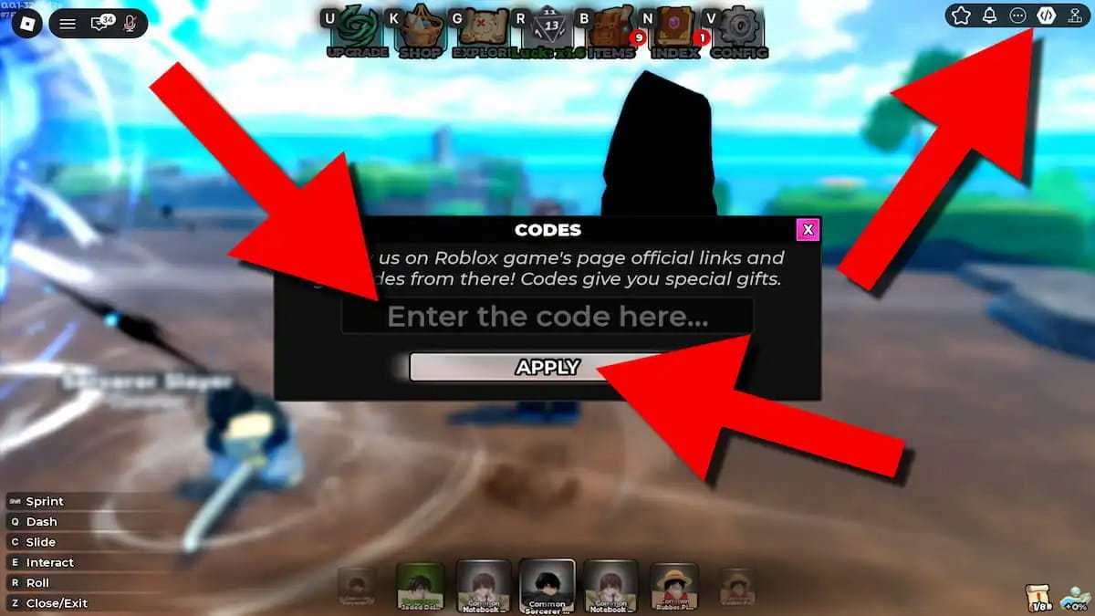 Project Aura RNG codes redemption screen showing the Codes menu, code entry field, and Apply button highlighted with red arrows.