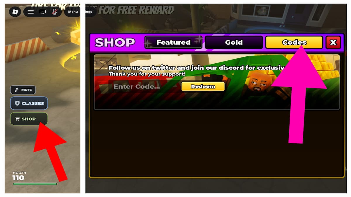 Arrows pointing to the Shop button and the Protect the Border codes tab.