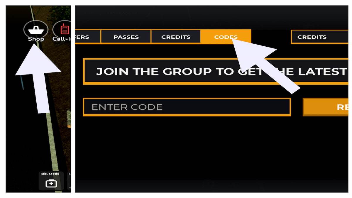 Arrows pointing to the Raids: Night Tide shop button and codes button.