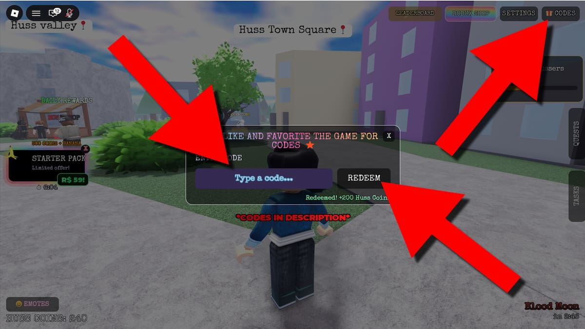 Instructions on redeeming Roblox Escape Huss Valley with coloured directional arrows