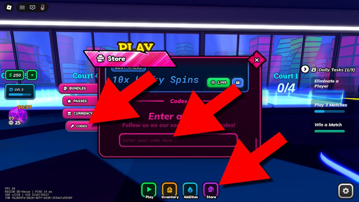 Roblox Four Square Codes section inside the Store menu