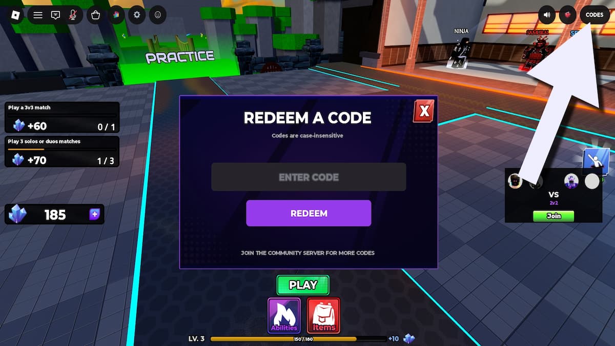Arrow pointing to the Samurai Duels codes button.