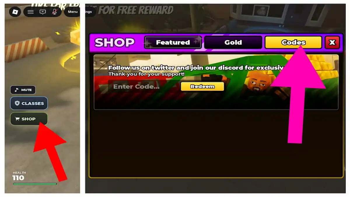 Secure the Checkpoint game screenshot showing the Shop menu’s Codes tab, with arrows pointing to the Shop button and code redemption section.