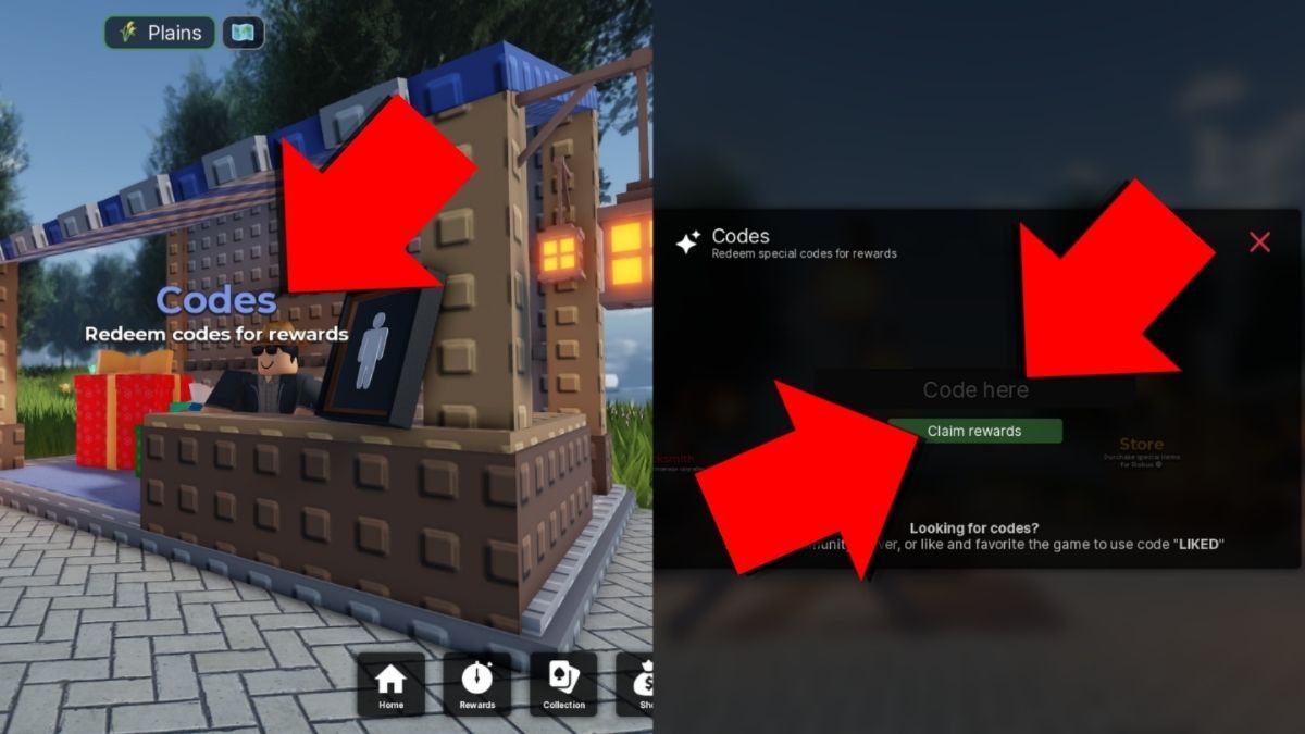 Song RNG codes redemption screen showing the Codes booth and code entry menu, with large red arrows pointing to where players can redeem codes for rewards.