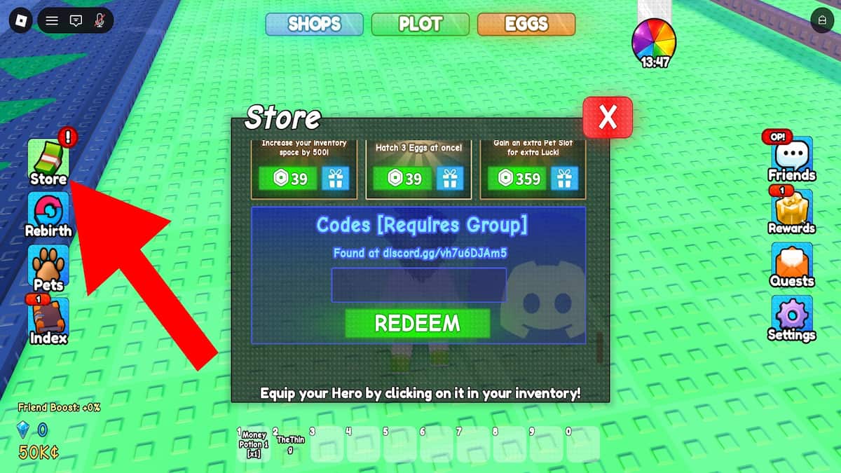 arrow pointing to the shop button in Spin a Superhero
