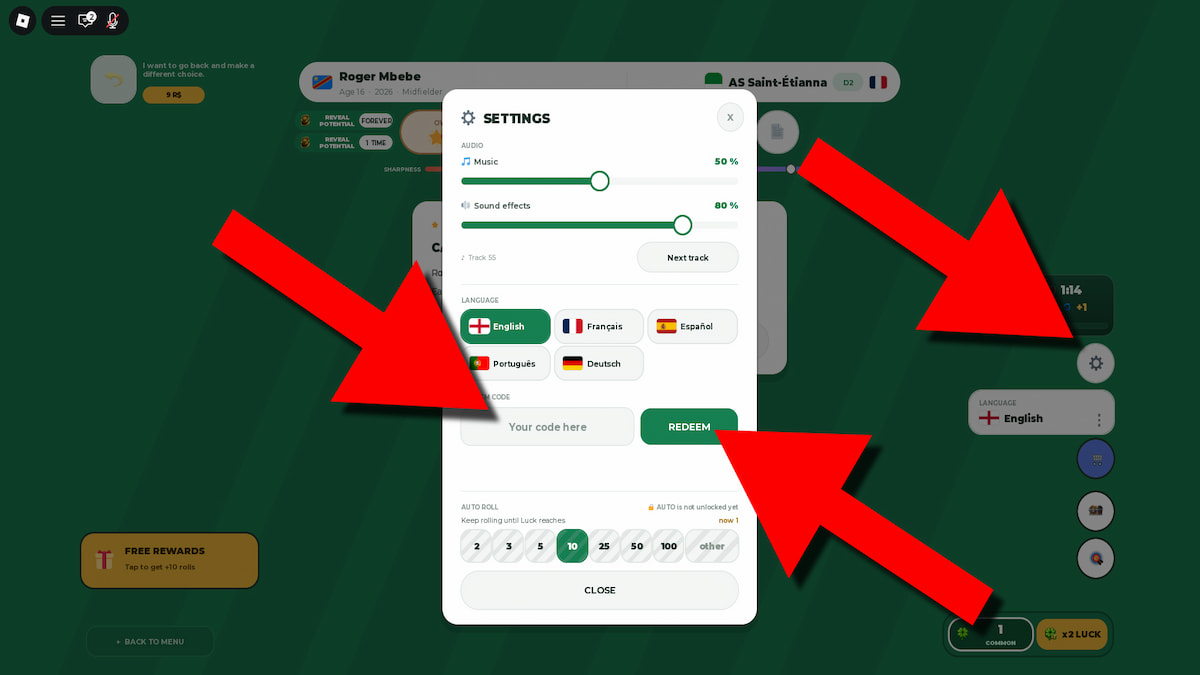 Instructions on redeeming Start Your Soccer Career codes, showing how to open the Settings menu, type in your code, and hit the Redeem button.