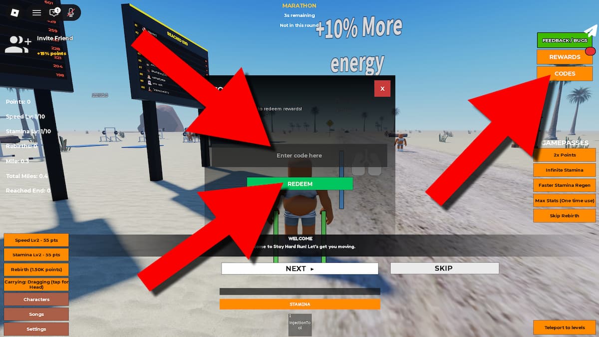 Instructions on redeeming Stay Hard Run codes by opening the Codes menu, entering a code, and clicking Redeem