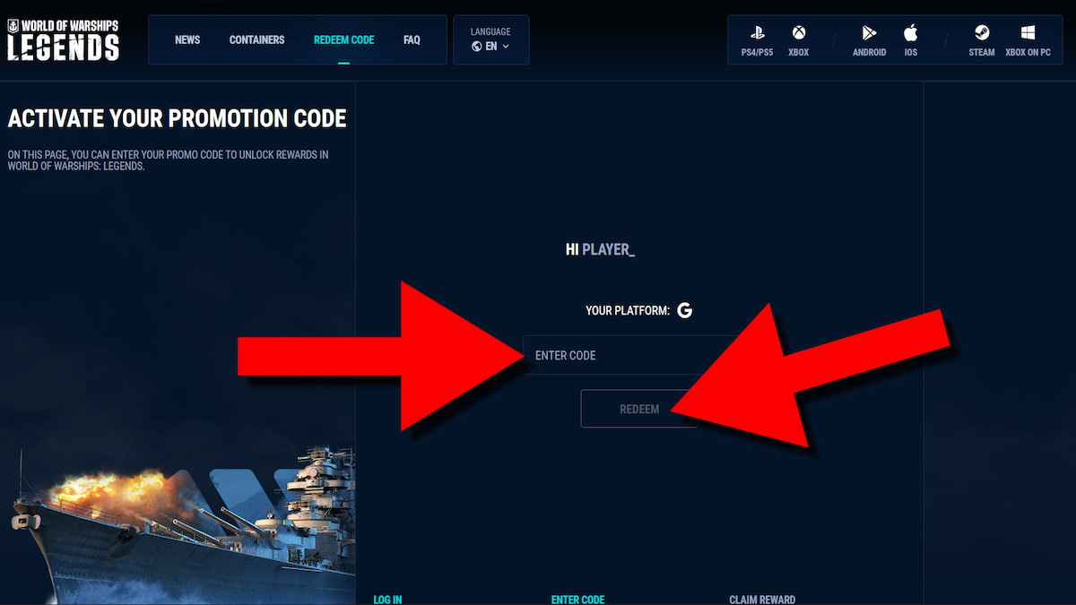 Instructions on redeeming World of Warships Legends codes from the Code Redeemer page