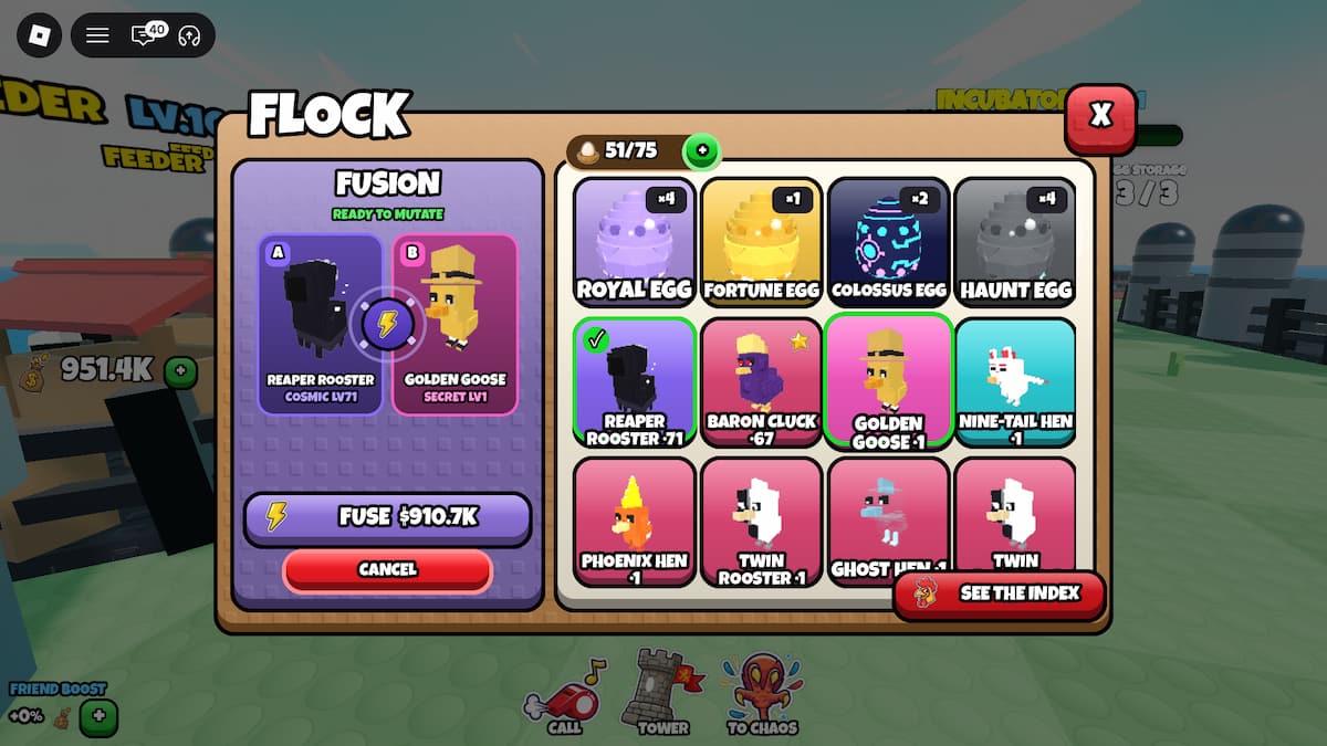 image showing the Fuse menu in Grow a Chicken Fighter