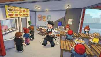 Karinderya Roblox artwork showing a busy Filipino restaurant with a server carrying trays of food while customers wait and eat at tables